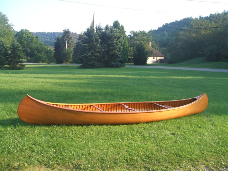 Handcrafted 17' Cedar Rib Wooden Canoe With Hand Woven Seats And Brass 