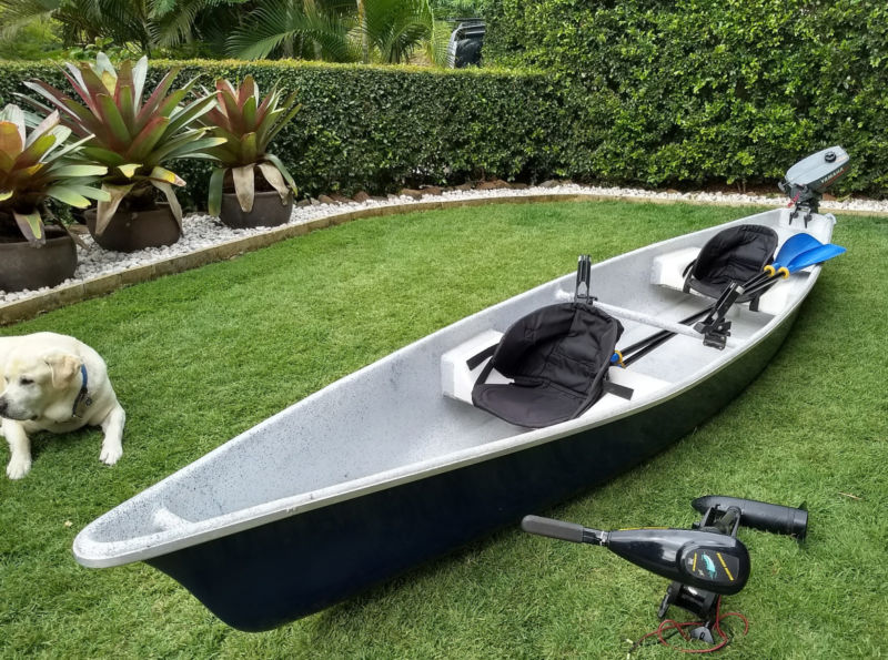 Canoe Fibreglass With Square Transom 4.43m, 2 Hp Outboard Plus Electric ...