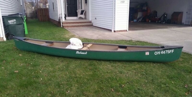 mohawk green fiberglass canoe, 13 foot, three seater. for