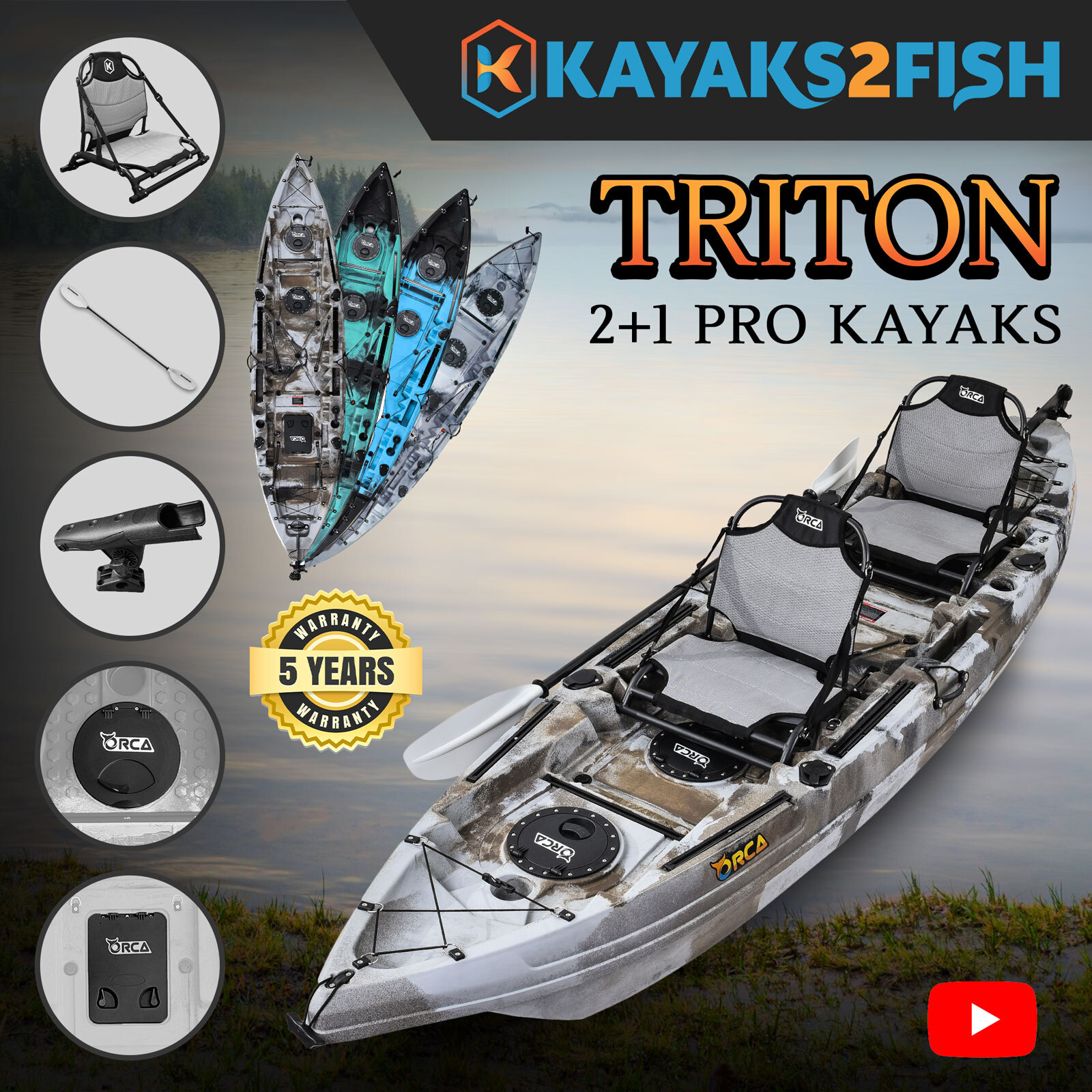 Kayaks2fish Triton Sahara 3.7m Tandem Double Fishing Family Kayak 